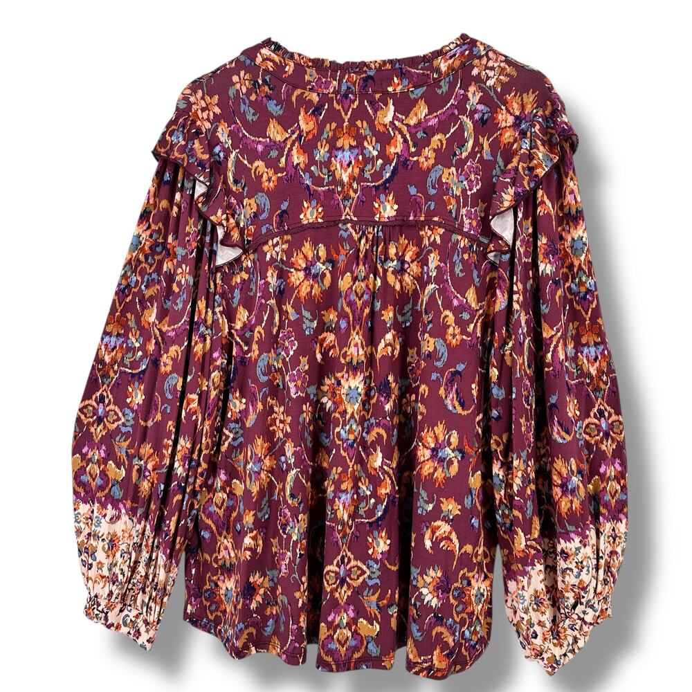 New Democracy Ruffle Collar Floral Print Knit Shirt Plus Size 3X Berry Purple - Picture 7 of 11